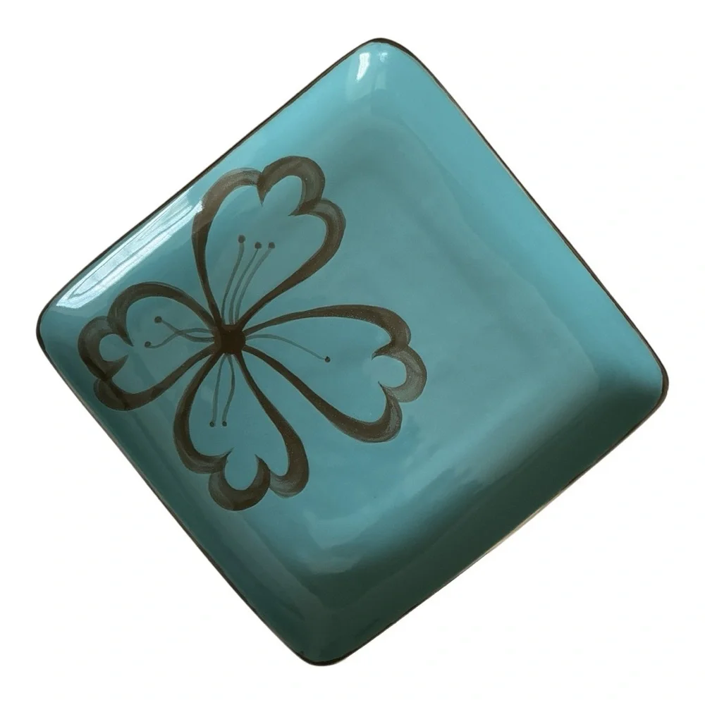 Pier 1 Hibiscus Pattern Square Dinner Plate Teal And Brown Flower Design Vintage
